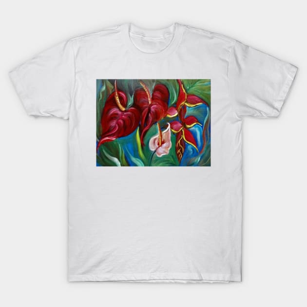 Anthurium and Heliconia T-Shirt by jennyleeandjim